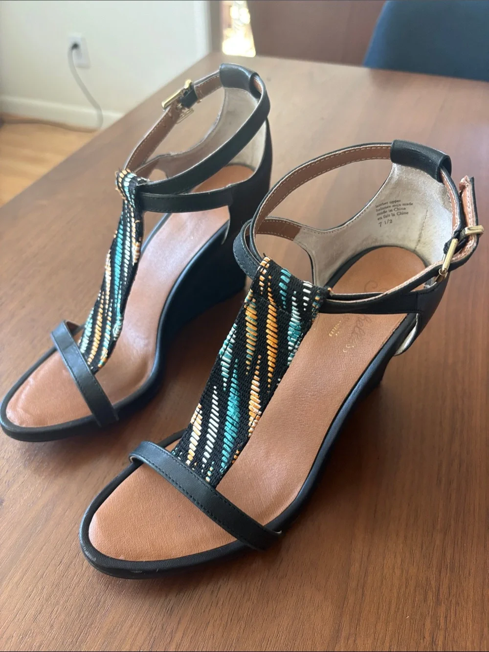 Seychelles Black Wedges with Multicolor Embroidered T-Strap